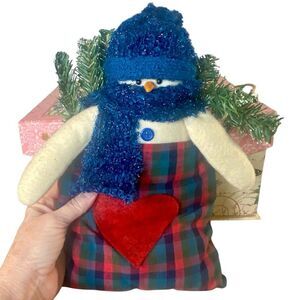 Snowman Plush Pillow Holiday Decoration Blue Scarf Matching Hat Greenery
